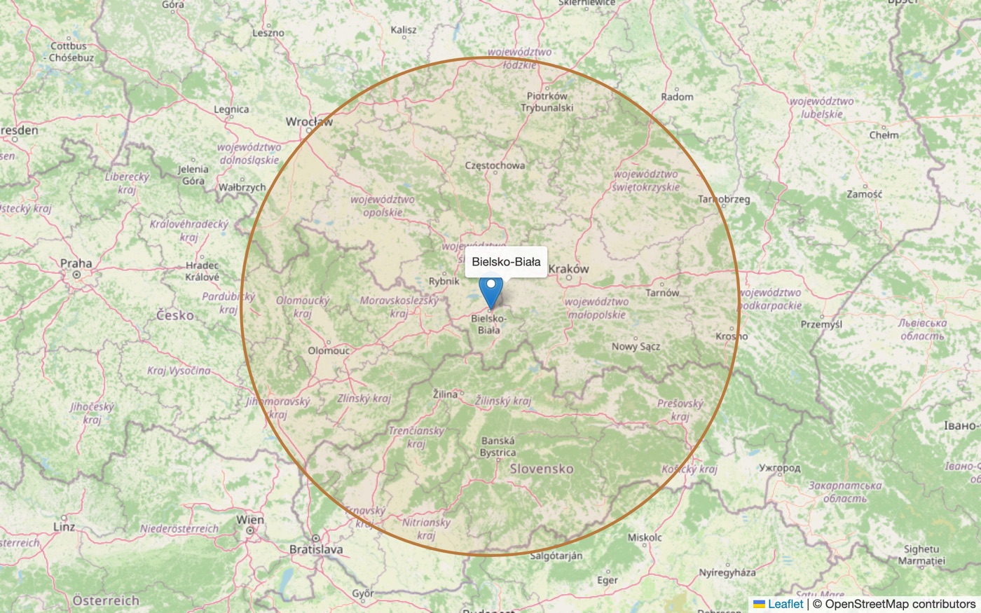 Obszar działania — ok. 200 km wokół Bielska-Białej